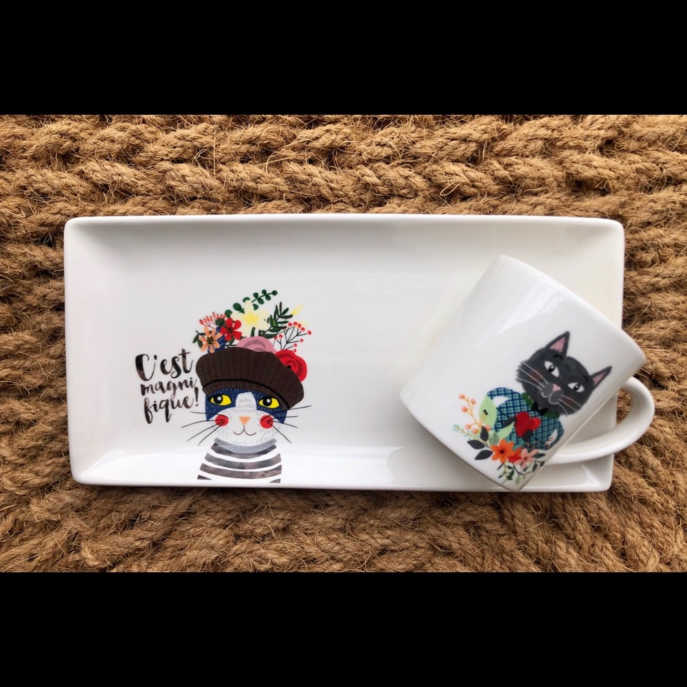 NWT Magenta Cat Mug & Serving Plate Set